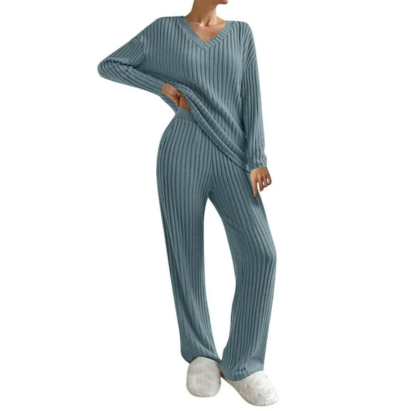 Fiaer,Womens Loose Fit Knit Lounge Wear Sets,Women's 2 Piece Sets for V Neck Long Sleeve T Shirt and Elastic Waisted Palazzo Pants,Plus Size Casual Trendy Lightweight Outfits Set Blue L