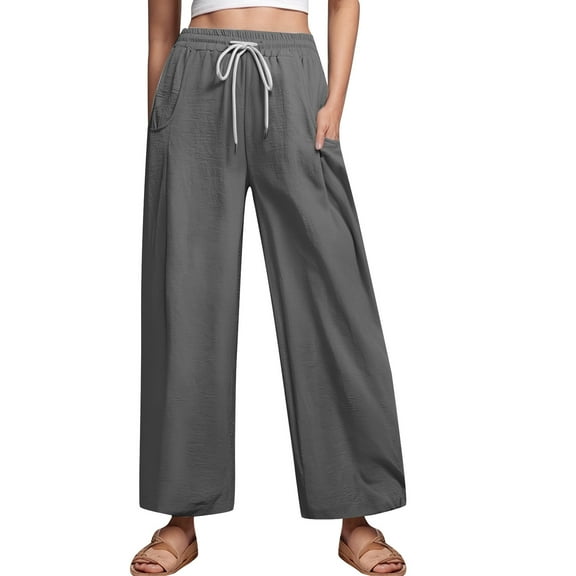 Fiaer,Womens Loose Fit Lounge Pants,Women's Plus Size Wide Leg Lace up Trousers with Pockets,High Waist Solid Color Joggers for Women Grey S
