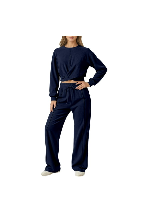 ,Womens Loose Fit Lounge Wear Sets,2 Piece Sets for Fall Trendy Long Sleeve Cropped Tops Wide Leg Pants,Plus Size Casual Sweatsuit Set Navy XL