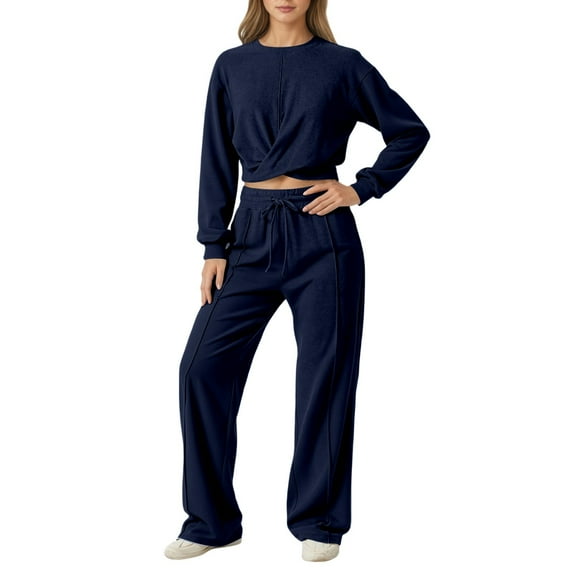 Fiaer,Womens Loose Fit Lounge Wear Sets,2 Piece Sets for Fall Trendy Long Sleeve Cropped Tops Wide Leg Pants,Plus Size Casual Sweatsuit Set Navy XL