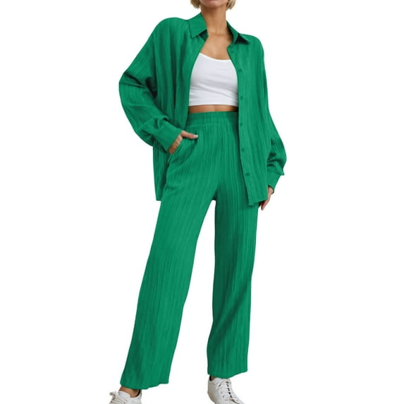 Fiaer ,Womens Loose Fit Outfits 2 Pieces Trendy Casual Loungewear Sets Button down Long Sleeve Shirts High Waisted Breathable Pants Set with Pockets Green S