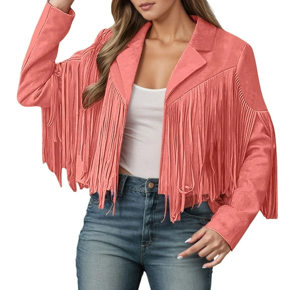 Fiaer,Womens Loose Fit Oversized Cropped Leather Jackets,Ladies Casual Trendy Long Sleeve Fringe Solid Color Lightweight Comfy Tops Watermelon Red L
