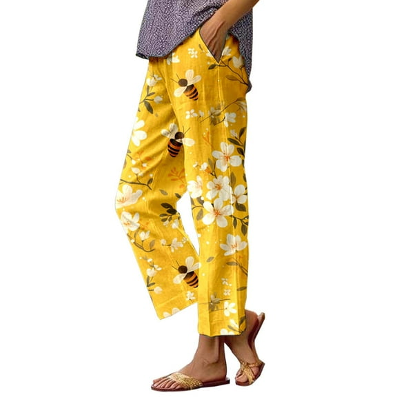 Fiaer,Womens Oversized Baggy Trousers,High Waist Stretch Printed Lounge Pants for Women,Women's Casual Trendy Straight Leg Slacks with Pockets Yellow XXL