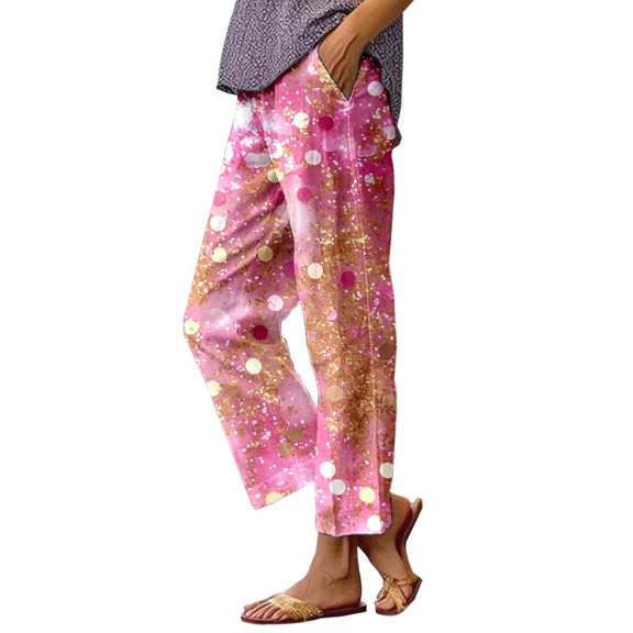 Fiaer,Womens Oversized Baggy Trousers,High Waist Stretch Printed Lounge Pants for Women,Women's Casual Trendy Straight Leg Slacks with Pockets Pink S