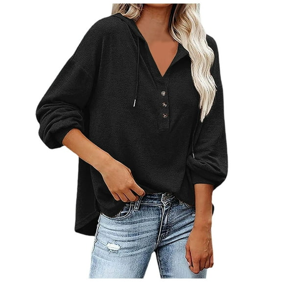 Fiaer,Womens Oversized Button up Hooded Sweatshirts,Women's Loose Fit Trendy Hoodies,Drawstring Solid Lightweight Hooded Tops for Women Black XL