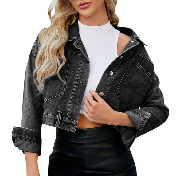 Fiaer,Womens Oversized Cropped Denim Jackets,Loose Fit Button down Spliced Jean Shirts for Women,Women's Casual Trendy Lapel Collared Lightweight Tops with Pockets Black M