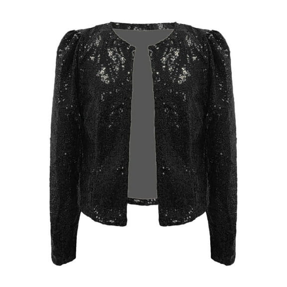 Fiaer,Womens Oversized Cropped Jackets,Women's Trendy Casual Sequin Comfy Going out Lightweight Long Sleeve Tops Black XXL