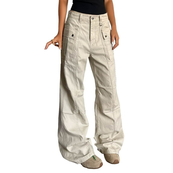 Fiaer,Womens Oversized Denim Pants,Ladies Loose Fit Low Rise Jean Trousers,Women's Wide Leg Casual Retro Going out Spliced Joggers with Pockets Beige M