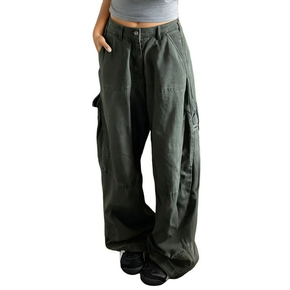Fiaer,Womens Oversized Denim Pants,Ladies Loose Fit Low Rise Jean Trousers,Women's Wide Leg Casual Retro Going out Spliced Joggers with Pockets Green M