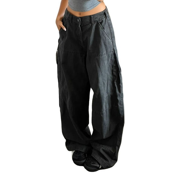 Fiaer,Womens Oversized Denim Pants,Ladies Loose Fit Low Rise Jean Trousers,Women's Wide Leg Casual Retro Going out Spliced Joggers with Pockets Grey M