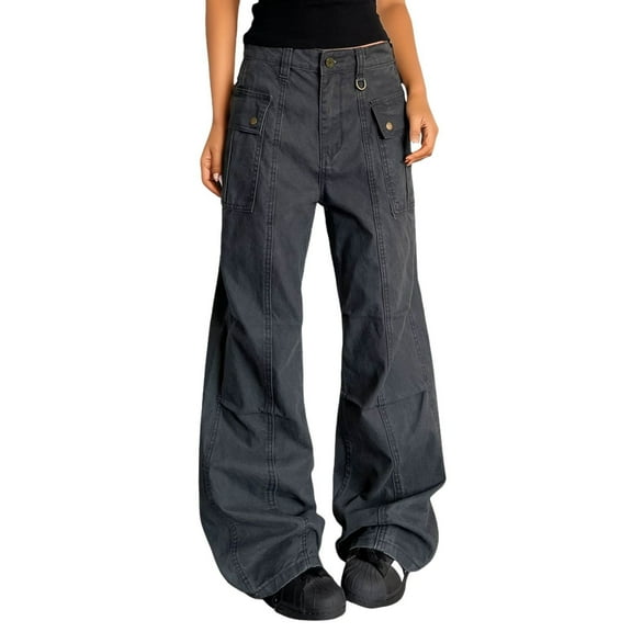 Fiaer,Womens Oversized Denim Pants,Ladies Loose Fit Low Rise Jean Trousers,Women's Wide Leg Casual Retro Going out Spliced Joggers with Pockets Grey XL