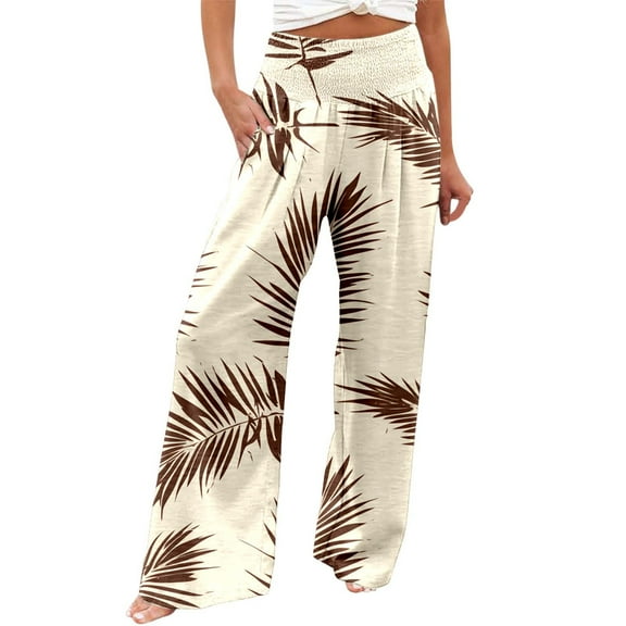 Fiaer,Womens Oversized Elastic Waist Palazzo Pants,Women's Loose Fit Printed Lounge Trousers,Ladies Casual Trendy Comfy Breathable Going out Daily Slacks with Pockets Beige L