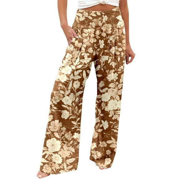 Fiaer,Womens Oversized Elastic Waist Palazzo Pants,Women's Loose Fit Printed Lounge Trousers,Ladies Casual Trendy Comfy Breathable Going out Daily Slacks with Pockets Khaki L