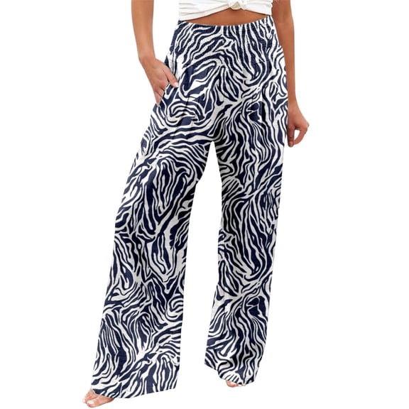 Fiaer,Womens Oversized Elastic Waist Palazzo Pants,Women's Loose Fit Printed Lounge Trousers,Ladies Casual Trendy Comfy Breathable Going out Daily Slacks with Pockets Blue XL