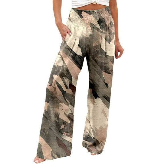 Fiaer,Womens Oversized Elastic Waist Palazzo Pants,Women's Loose Fit Printed Lounge Trousers,Ladies Casual Trendy Comfy Breathable Going out Daily Slacks with Pockets Khaki XL