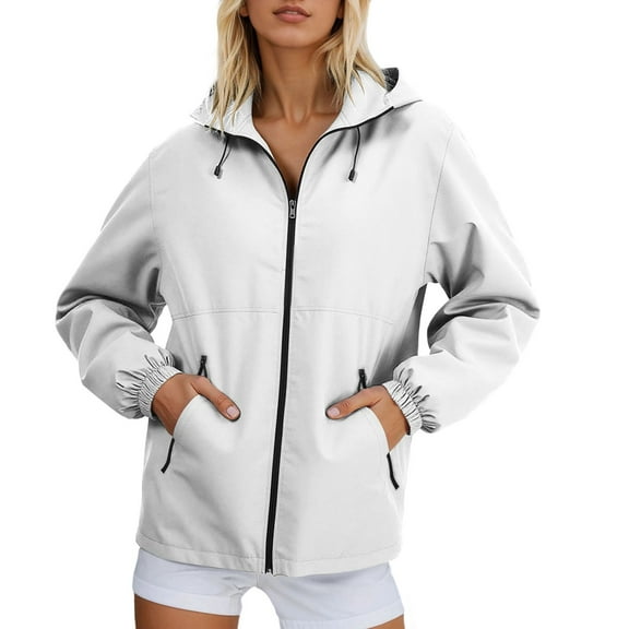 Fiaer,Womens Oversized Full Zip Softshell Jackets,Women's Loose Fit Windbreaker Waterproof Long Sleeve Drawstring Hooded Tops with Zipper Pockets White XL