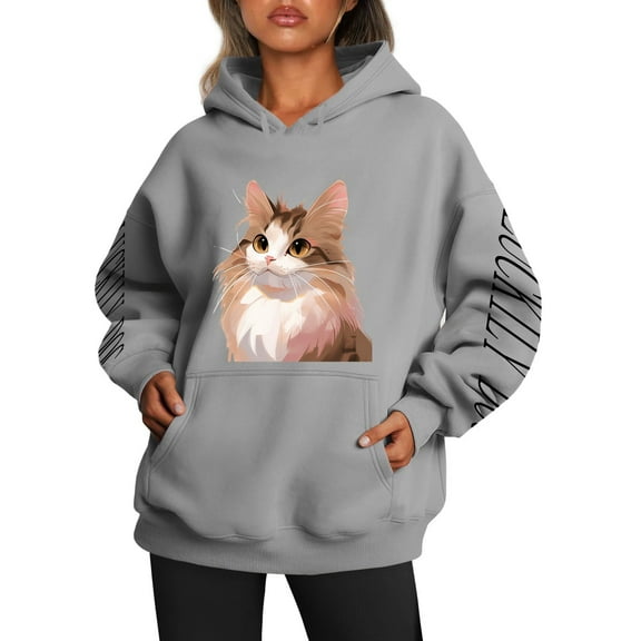 Fiaer,Womens Oversized Hoodies,Women's Loose Fit Casual Trendy Cat Letter Printed Drawstring Hooded Sweatshirts Breathable Cozy Hooded Pullovers with Pockets Grey2 L