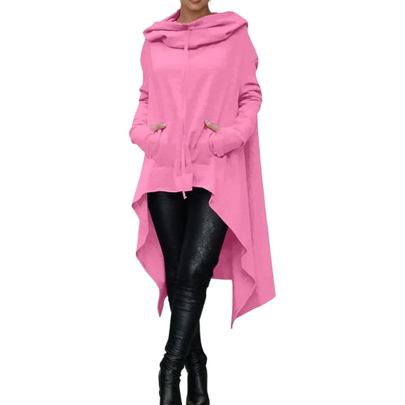 Fiaer,Womens Oversized Long Hoodies,Long Sleeve Irregular Hem Hooded Sweatshirts for Women,Women's Trendy Lightweight Solid Drawstring Hooded Pullovers with Pocket Pink XXL