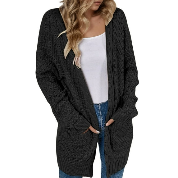 Fiaer,Womens Oversized Long Sleeve Knitted,Loose Fit Long Cardigan for Women,Women's Casual Trendy Going out Knit Tops for 2 Pockets Black XXXL