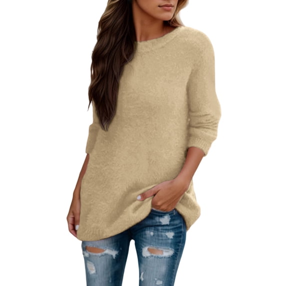 Fiaer Womens Oversized Pullover Sweaters Long Sleeve Solid Color Crew Neck Loose Fit Casual Trendy Comfortable Tops Beige XXL