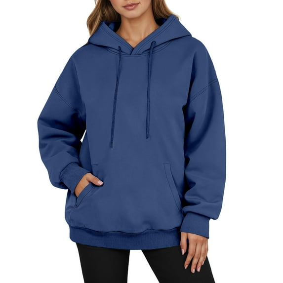 Fiaer,Womens Oversized Solid Hoodies,Women's Loose Fit Casual Trendy Hooded Sweatshirts,Ladies Long Sleeve V Neck Hooded Pullovers with Pockets Navy XXL