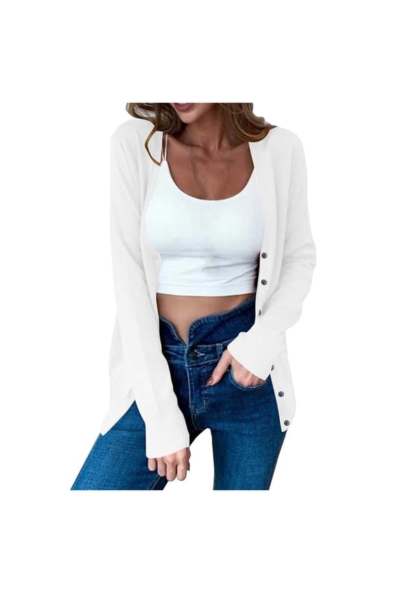 Womens Oversized Sweaters Lightweight Button down Basic Long Sleeve Loose Fit V-Neck Trendy Knit Tops for Daily White1 L