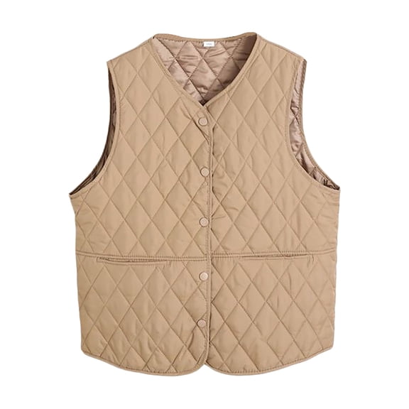 Fiaer Womens Oversized down Vest Button down V Neck Tanks Warm Sleeveless Casual Solid Color Tops with Pocket Brown XXL