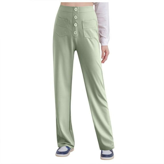 Fiaer,Womens Pants Straight Leg,Joggers for Women Plus Size Buttons,Women's High Waisted Casual Trendy Trousers with Pocket Light Green XXL