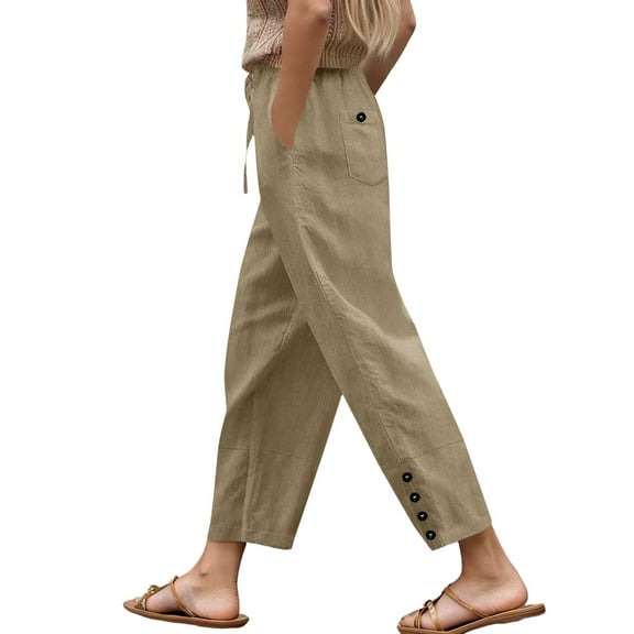 Fiaer,Womens Plus Size Buttons Trousers,Women's Straight Legging Loose Fit Lounge Pants, Ladies Elastic Waist Lace up Casual Joggers for Going out Daily Khaki S