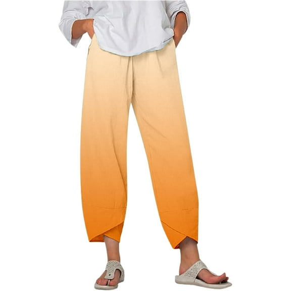 Fiaer,Womens Plus Size Capri Palazzo Trouser for Vacation Beach Daily,Women's Loose Fit Printed Trendy Pants,Ladies Stretch High Waist Running Hiking Joggers with Pockets Orange XL