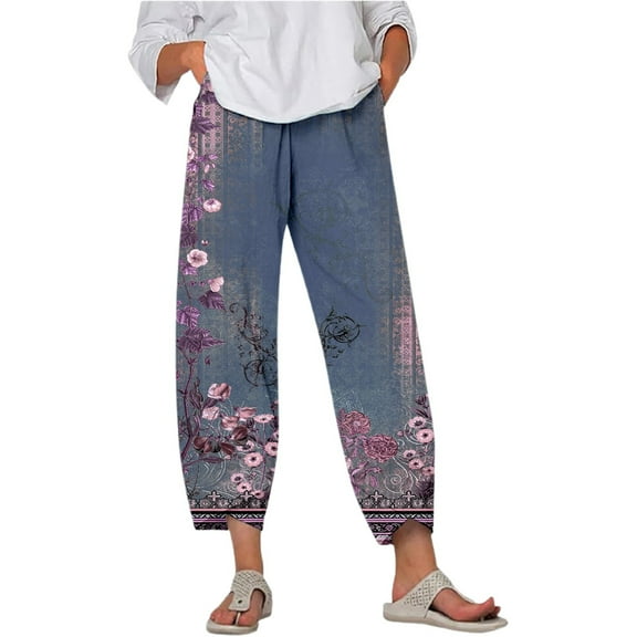 Fiaer,Womens Plus Size Capri Palazzo Trouser for Vacation Beach Daily,Women's Loose Fit Printed Trendy Pants,Ladies Stretch High Waist Running Hiking Joggers with Pockets Dark Blue XL