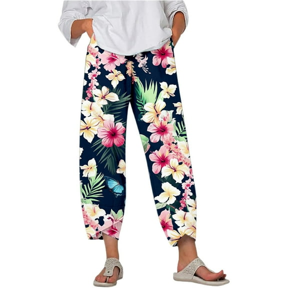 Fiaer,Womens Plus Size Capri Palazzo Trouser for Vacation Beach Daily,Women's Loose Fit Printed Trendy Pants,Ladies Stretch High Waist Running Hiking Joggers with Pockets Dark Blue S