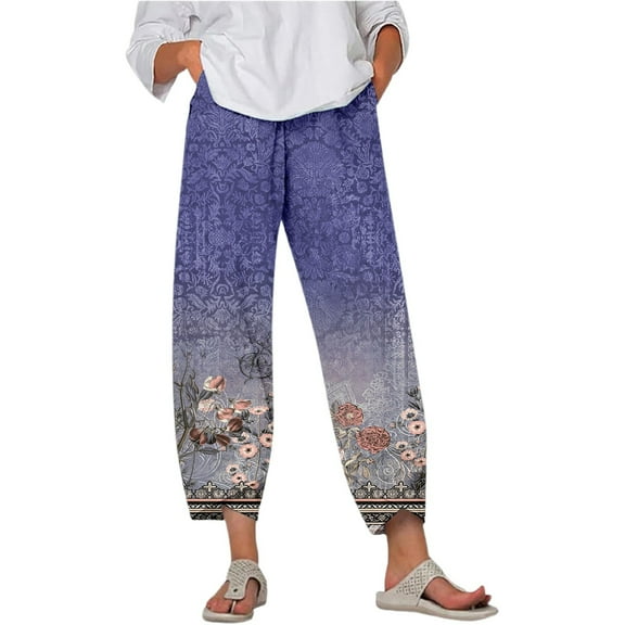 Fiaer,Womens Plus Size Capri Palazzo Trouser for Vacation Beach Daily,Women's Loose Fit Printed Trendy Pants,Ladies Stretch High Waist Running Hiking Joggers with Pockets Blue L