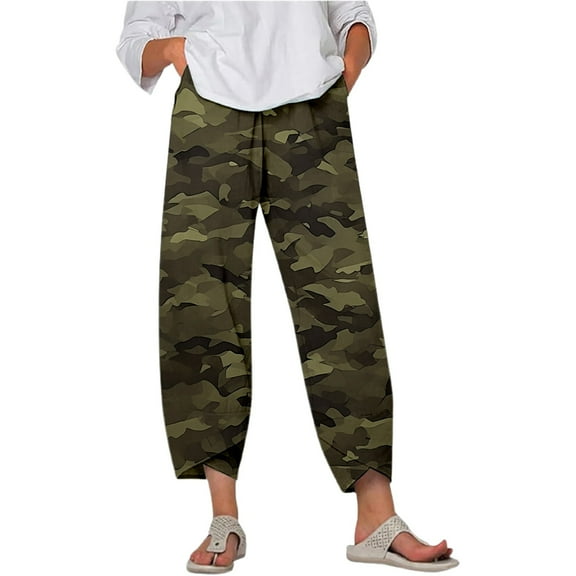 Fiaer,Womens Plus Size Capri Palazzo Trouser for Vacation Beach Daily,Women's Loose Fit Printed Trendy Pants,Ladies Stretch High Waist Running Hiking Joggers with Pockets Army Green XXL