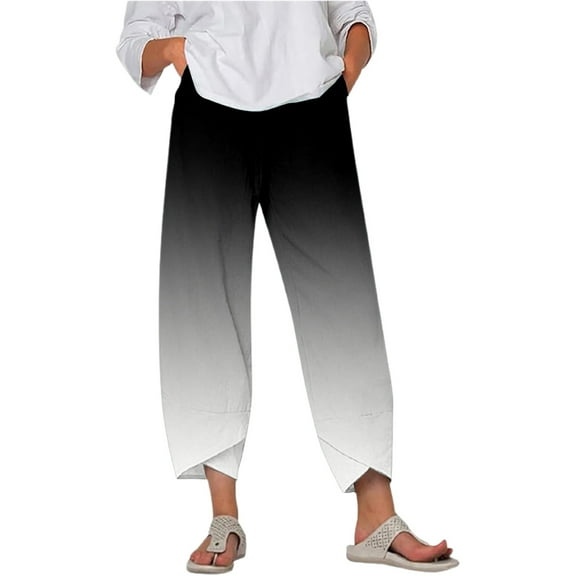 Fiaer,Womens Plus Size Capri Palazzo Trouser for Vacation Beach Daily,Women's Loose Fit Printed Trendy Pants,Ladies Stretch High Waist Running Hiking Joggers with Pockets Black S