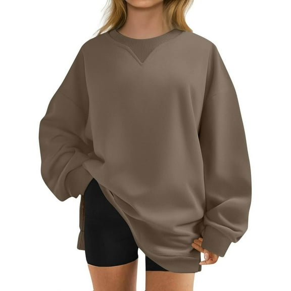 Fiaer,Womens Plus Size Crew Neck Sweatshirt Long Sleeve Soft Pullover with Side Split Hem Solid Fall Casual Tops Coffee XXL