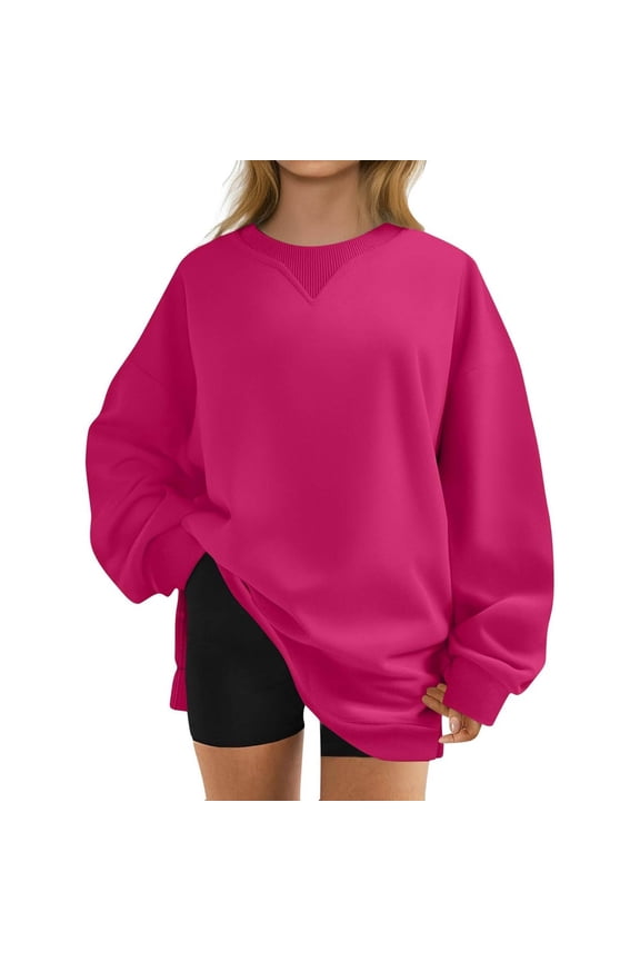,Womens Plus Size Crew Neck Sweatshirt Long Sleeve Soft Pullover with Side Split Hem Solid Fall Casual Tops Hot Pink XXL