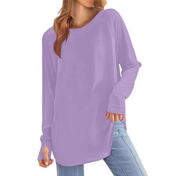 Fiaer Womens Plus Size Long Sleeve T Shirts 2025 Basic Crewneck Tee Fall Tops Casual Workout Y2k Clothes Light Purple XXL