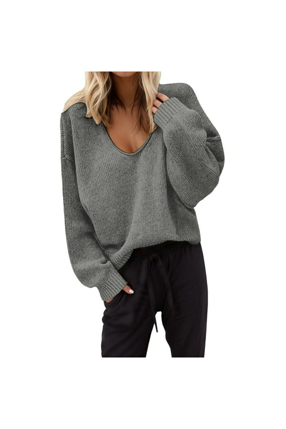 Womens Deep V Neck Sweaters Loose Fit Casual Trendy Long Sleeve Solid Breathable Knit Tops for Daily Wear Grey XXL