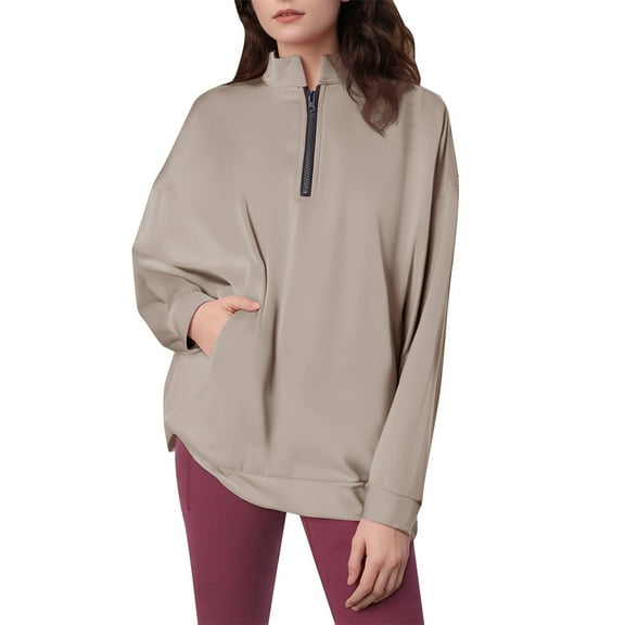 Fiaer,Womens Quarter Zip Dropped Shoulder Sweatshirt,Plus Size Lapel Long Sleeves Pullover,Women's Loose Fit Fashion Tops with 2 Pockets Brown XL