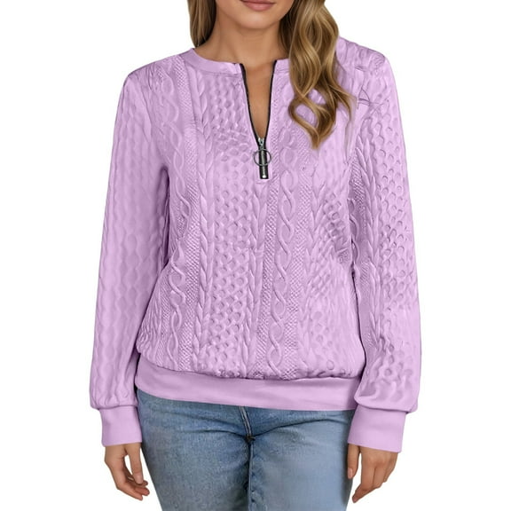 Fiaer,Womens Quarter Zip Plus Size Long Sleeve Casual Trendy Loose Fit Jacquard Sweatshirts Going out Solid Pullovers with Pocket Light Purple S