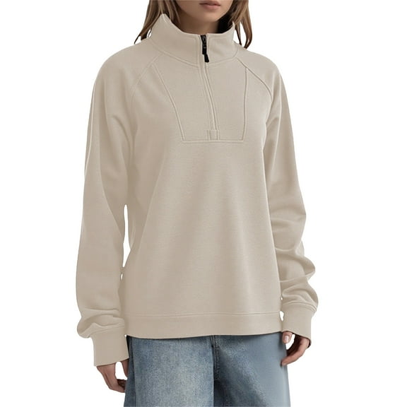 Fiaer,Womens Quarter Zip Turtleneck Long Sleeve Casual Trendy Loose Fit Solid Sweatshirts Breathable Cozy Pullovers Spliced Going out Tops for Women White S