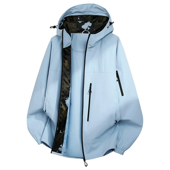 Fiaer Womens Rain Jacket with Hood Outdoor Functional Softshell Windbreaker Waterproof Long Sleeve Oversized Tops Blue S