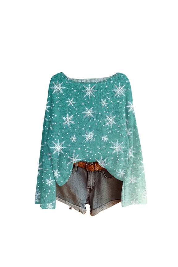 Christmas Women Sweaters Plus Size Crew Neck Long Sleeve Loose Fit Snowflake Xmas Tree Funny Graphic Knit Tops Mint Green XL