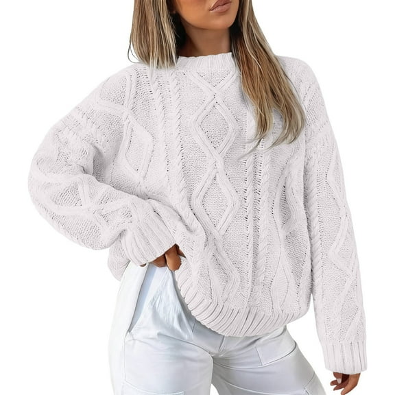 Fiaer Womens Sweater Plus Size Knitted Pullover Crew Neck Long Sleeve Solid Warm Thermal Fashion Tops White XS