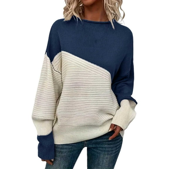 Fiaer Womens Sweater Trendy Fall Knitted Pullover Crew Neck Color Blocking Long Sleeve Baggy Casual Comfort Tops Navy XL