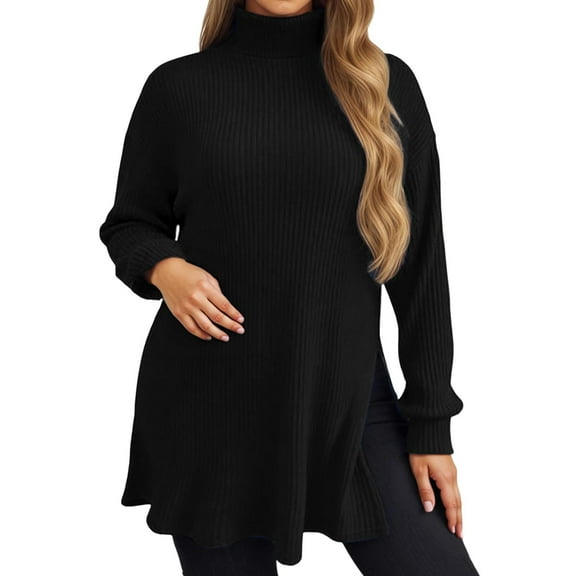Fiaer Womens Sweater Turtleneck Oversized Side Split Knitted Pullover Thermal Warm Baggy Long Sleeve Fashion Comfy Tops for Older Black XXL