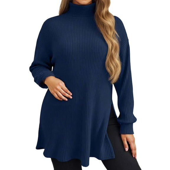 Fiaer Womens Sweater Turtleneck Oversized Side Split Knitted Pullover Thermal Warm Baggy Long Sleeve Fashion Comfy Tops for Older Blue XL