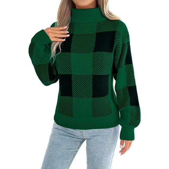 Fiaer Womens Sweater Turtleneck Plaid Long Sleeve Warm Knitted Pullover Loose Fit Thermal Comfort Trendy Casual Tops Green S