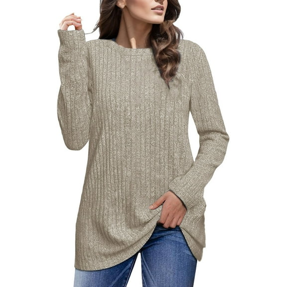 Fiaer Womens Sweaters Long Sleeve Plus Size Fashion Crew Neck Fashion Solid Loose Fit Tops Wear with Leggings Beige S